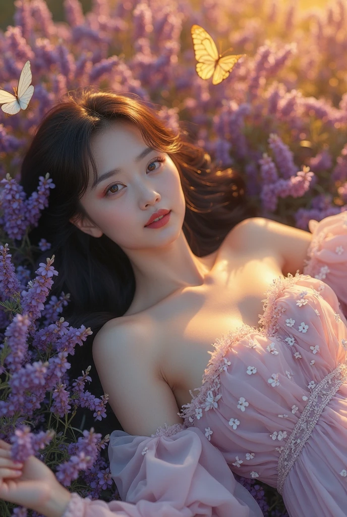 beautiful girl lying down on back, in a lavender field at night, looking up at the sky, purple long hair, cinematic,
