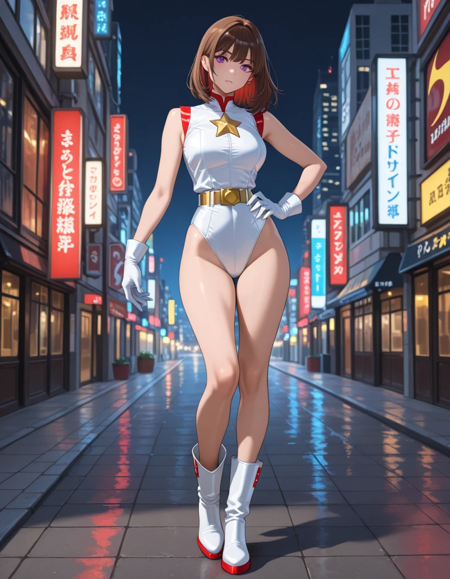 ((masterpiece)). ((best quality)), ((highres)), 1girl, solo, short hair, brown hair, purple eyes, (full body), standing, hands on hip, (sleeveless white and red leotard with yellow accents and star emblem embedded in chest area), (matching white gloves), ((bare legs)), superhero, tokyo city backdrop, matching boots, medium breasts, 20 age,