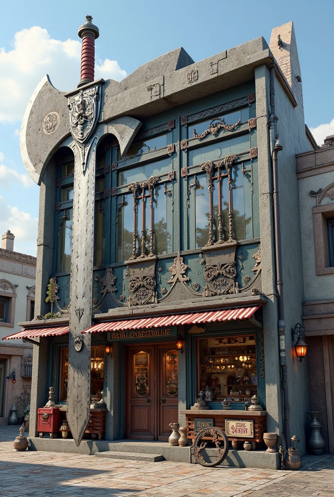 miniature fantasy weapon shop, with a big axe and sword as the architecture theme, serious atmosphere, modern architecture