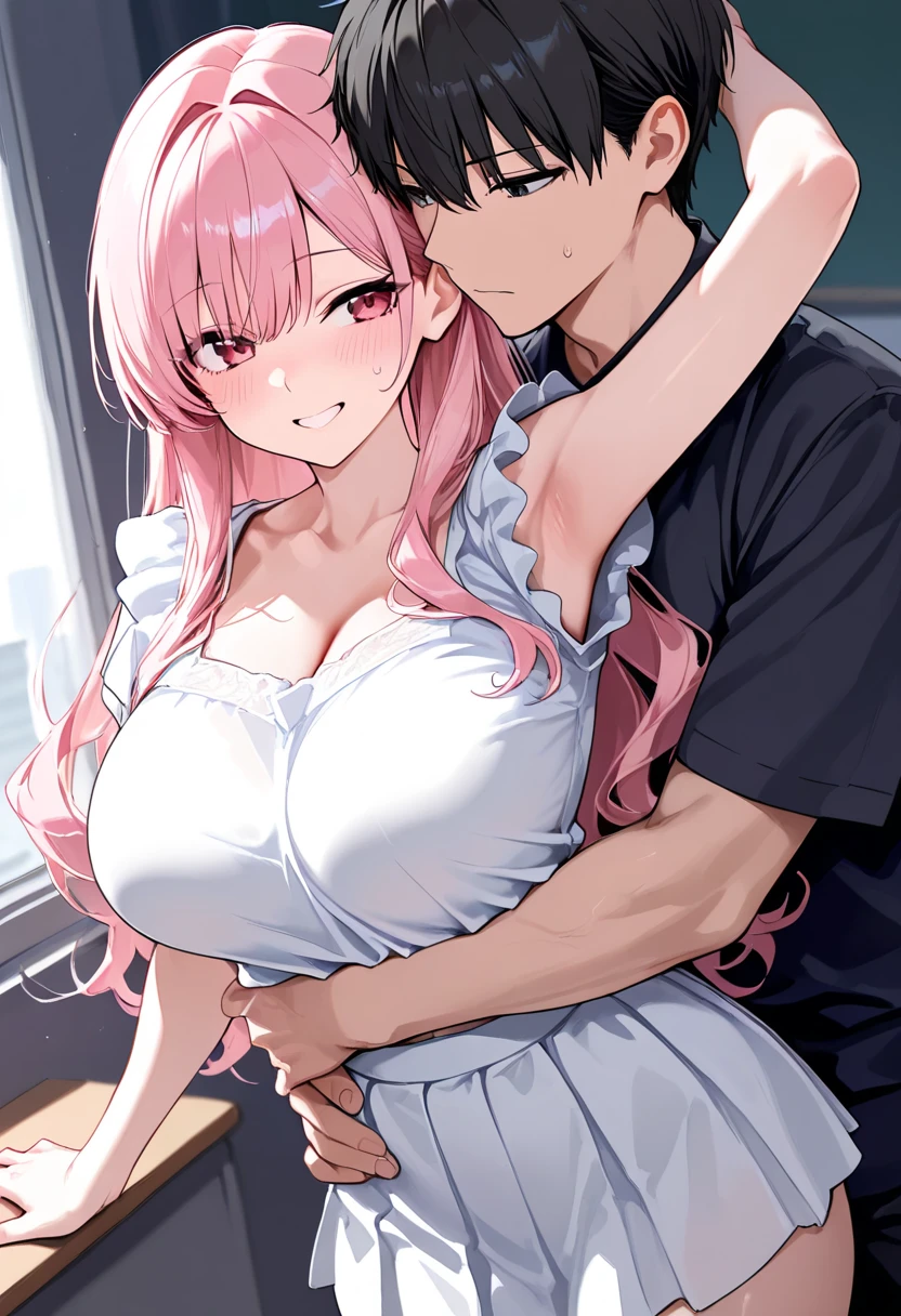 Anime, 4k, couple, 2person, pink long hair, bangs, pink eyes, huge breast, seductive, sexy, boy and girl, boy with abs, man and woman, 1 man, 1woman, body only man, cleavege, warehouse, indoor, topless man, shirtless man, untidy outfits, casual outfits, sweat, hot, dark warehouse , big boy, yandere girl, scary girl, girl grab a knife with a bloods, man sitting the chair roped body, boy kidnapped, ropped body man, knife, blood, on the bed, man in bottom, a girl kudnapping a man, seductive, hugging each other, bdsm, sitting man, girl on man's lap