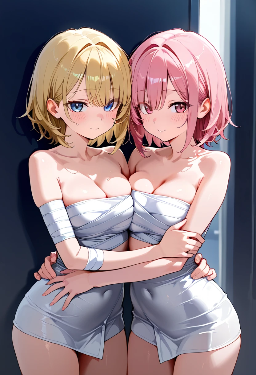 (highest quality,high resolution,(Ultra high fine mesh,4K), (ultra high resolution,8K),muste piece:1.2), (perfect anatomy,anatomically accurate), (angle from below), (soft lighting, rendering), ((very beautiful goddess mother and daughter)), ((Grab each other&#39;s breasts)), (((Evening Mini Dresses))), ((Beautiful view from the lounge of a luxury hotel)), (sexy mole), (From the back, Look back:1.2), (fascinating expression), (very detailed and beautiful face), (Crisp double eyelids), (large breasts:1.3), (soft skin), (It&#39;s photorealistic), (shiny skin), (pinkhair), (Pixie Cut)