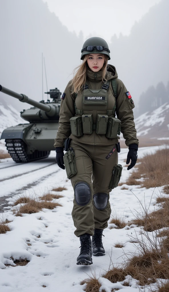(photorealistic)++, beautiful lighting, masterpiece++, best quality++, realistic, full body portrait, real picture, intricate details, depth of field, 1girl, in a cold snowstorm, A very muscular solider girl with orange hair, tracked vehicle in the background, wearing white winter camo military fatigues, wearing a camo beanie, white camo clothing, camo plate carrier rig, combat gloves, (magazin pouches)+, highly-detailed, perfect face, blue eyes, lips, make up, Fujifilm XT3, outdoors, bright day, Beautiful lighting, RAW photo, 8k uhd, film grain,