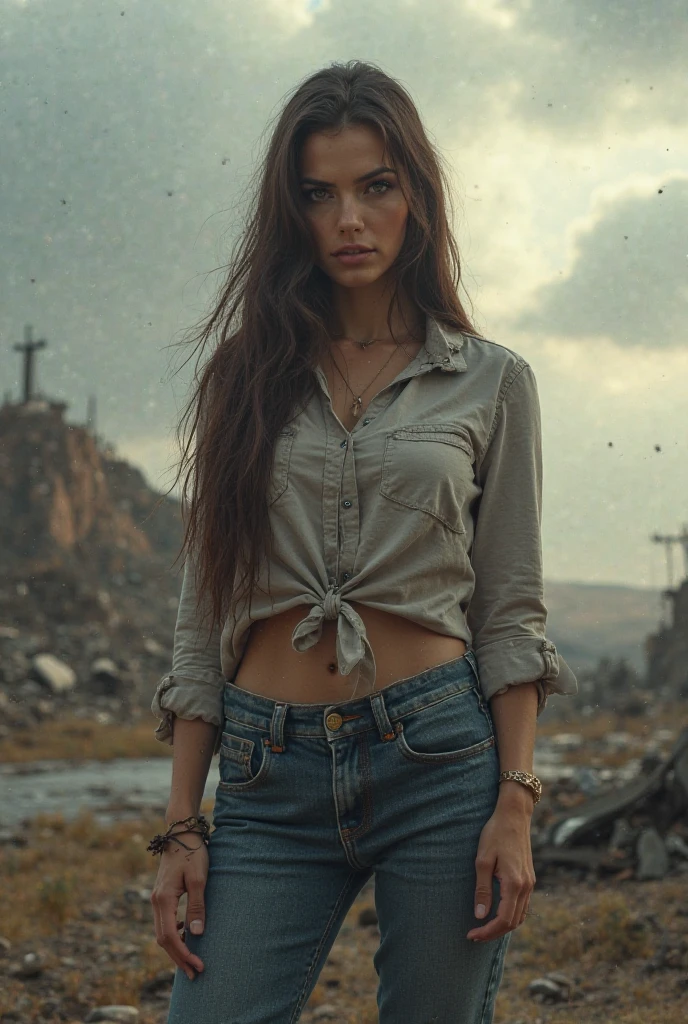 Foto hiperrealista en primer plano de 20 years old Alicia Vikander, masterpiece, best quality, (photorealistic:1.4), full body, she is dirty, dirty crop top with long sleeve, dirty pants, dirty clothes with stains, Depict a rural landscape in the rugged style of the game's concept art. This work should evoke a sense of abandonment and despair in a futuristic, post-apocalyptic world. Notice the intricacies of detail, the sharp focus, grey sky, cinematic light, beautiful woman, skinny, medium breasts, straight dark blond hair, detailed face, photo taken from a distance