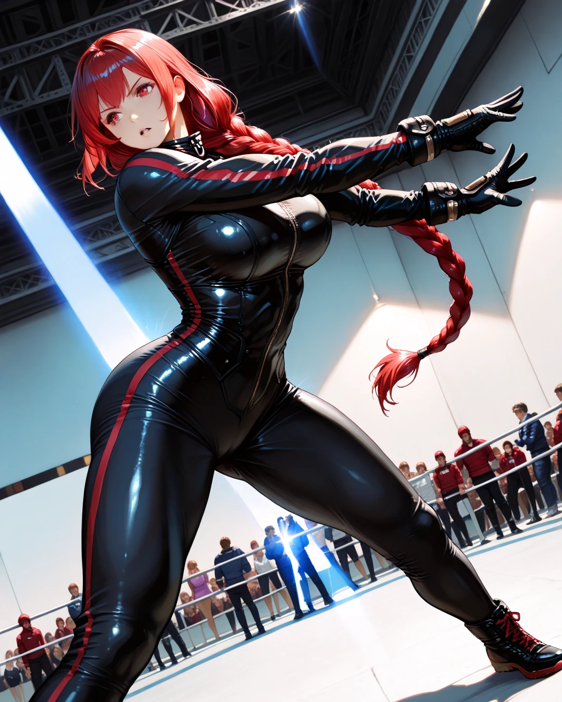 (Best quality,4K,8K,A high resolution,Masterpiece:1.2),Ultra-detailed,(Realistic,Photorealistic,photo-realistic:1.37),hdr,hyper HD,Studio lighting,Ultra-fine painting,Sharp focus,Physically-based rendering,Extreme detail description,professional,,Horror,anime big breast,Sci-fi,Photography,Concept artist,Five fingers,huge tit,Buttock augmentation,Bursting chest,A 20-year-old woman faces a large group of men,Dirt and long legs,Fitness model,She struck a fighting stance, Clench your hands into fists,Side Body, Pink ponytail,The whites of the eyes and pupils are clearly colored,Height 175cm,Fair skin,Nervous and shy expression,Black latex bodysuit,Standing in the alley in the middle of the night, big vista,View from above,Look down from above, ((The men looked at her intently:1.5)), ((These people all put on a fighting posture:1.5)),((The men gathered around her in a circle:1.5)), Standing in Cospali Promotions,All roles,Shot with Canon 5D MK4,Cospali photo.