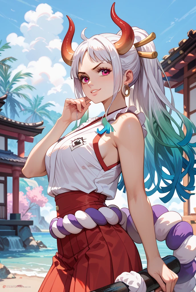 1girl, (solo:1.2), (looking at viewer:1.5), (upper body:1.5), (walking:1.2), (cowboy shot:1.5), (masterpiece:1.3), (best quality:1.3), (perfect anatomy:1.4), highly detailed, (secluded river scenery:1.2), (sunlight through trees:1.3), daylight,natural rock formations, nature,, <lora:Yamato [yamatochan - v1.2]:0.6>, <lora:Yamato [nochekaiser881 - v1.0]:0.8>,  yamatowanpi, yamato \(one piece\), yamato, ahoge, aqua hair, (brown eyes:1.5), curled horns, earrings, green hair, grey hair, hair ornament, hair stick, high ponytail, horns, long hair, multicolored hair, multicolored horns, oni, red horns, shimenawa, sidelocks, v-shaped eyebrows, (thick black eyebrows:1.4), very long hair, bare arms, bare shoulders, (red hakama pants:1.5), japanese clothes, rope, shimenawa, sideboob, sleeveless, (sleeveless kimono:1.4),, <lora:Fumio (rsqkr) [MockAi - v1.0]:0.9> fumio, sketchy lineart, exaggerated proportions, pastel tones, glossy, film grain