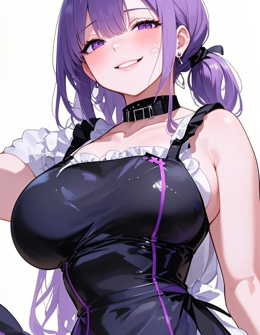 computer generated art work of a woman with big breasts, 1girl, breasts, pantyhose, leotard, black leotard, solo, jacket, playboy bunny, purple eyes, black jacket, detached collar, bow, hair ornament, gloves, black bow, amputation, big breasts, braids, bow tie, black gloves, purple hair, open jacket, thigh band pantyhose, look at viewer, blush, open clothes, brown pantyhose, strapless leotard, hair clip, halo