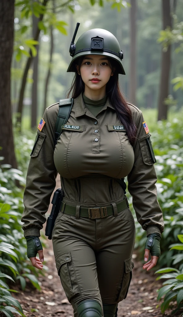 ((Best Quality, 8k, Masterpiece:1.3)), Focus:1.2, hourglass Body, silky black hair, (Military Uniform:1.1), (Firearms: 1.1), (Soldier Uniform: 1.1), Military Coat, Highly detailed face and skin texture, Detailed eyes, Double eyelids, ((bright skin, Big breasts, ample cleavage, smile)), in the jungle, (perfectly normal anatomy), Holding firearms, rifle, Soldier, Perfect Soldier, weapon, rifle, special force, military, Super detailed firearms, Super Detailed Military Coat, Army, Super fine firearms, Super detailed Beret, Super detailed firearms, Super realistic firearms, super detailed rifle, super realistic, muscular, female soldier general rank
