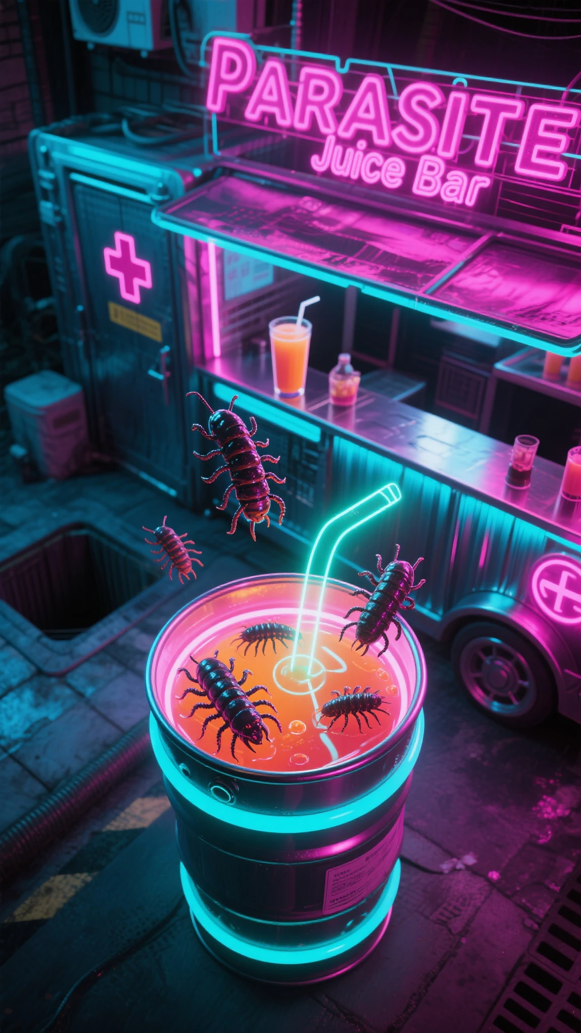 Biopunk,vending machine,uncanny,Spooky style,Ghostly hands,Dilapidated streets,dark cloude,Lots of blood,Gloomy sky,The sky has a faint grimace,There are terrifying ghosts behind the vending machines,Lots of internal organs,blood vess