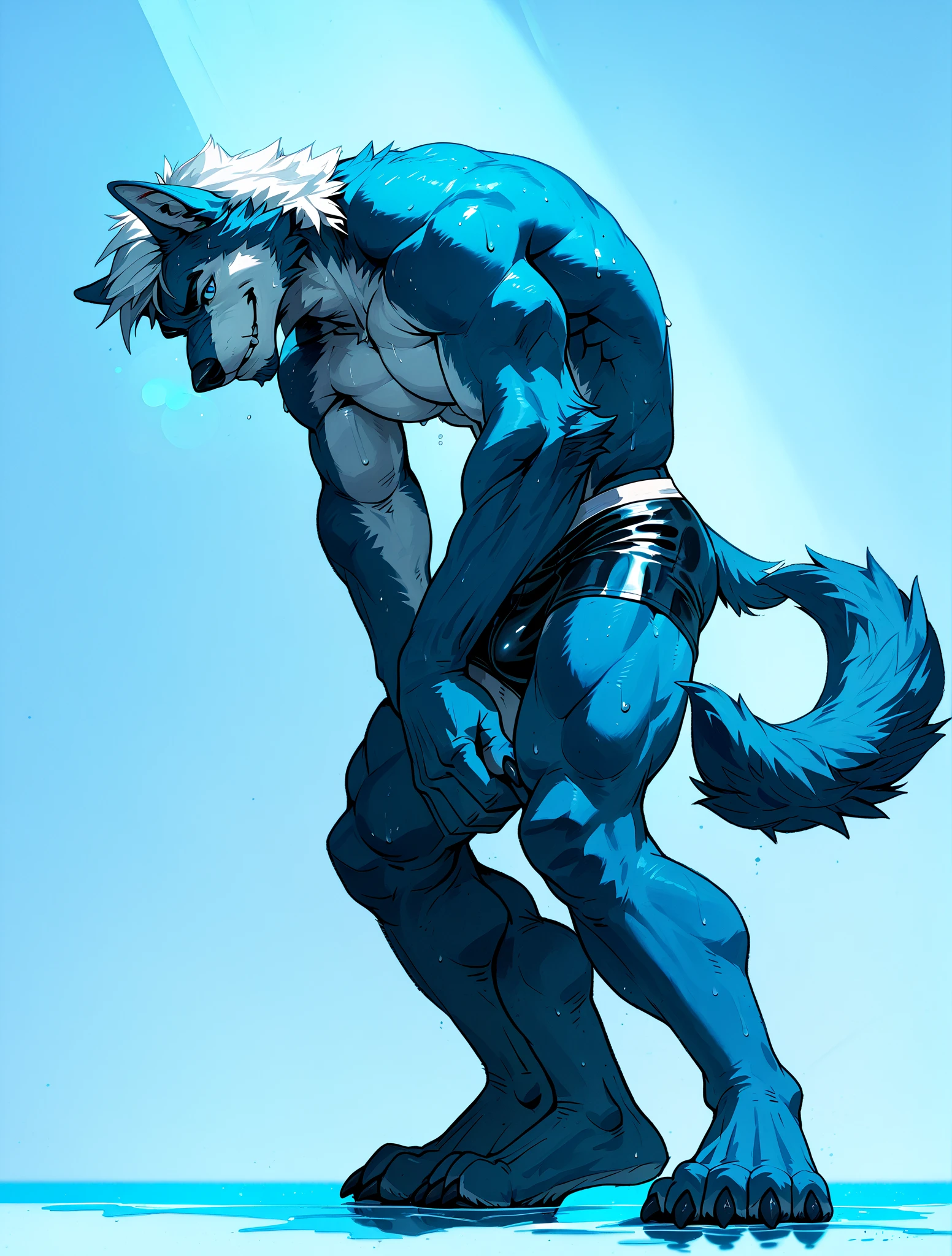 ultra-detailed, masterpiece, masterwork, high quality, best quality, hdr, posted on e621, (by darkgem), (nature, sea), nsfw, male, solo, chibi, (blue little body dragon), hairy dragon, (long silver hair, yellow eyes, white shark body), (nude, foreskin, small penis, balls), front view, dynamic angle, (wet body, )