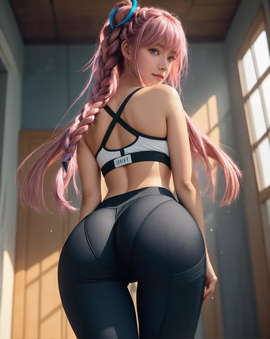 One girl, Yoga pants, Grey Pants, Recall, Pink Hair, 
Butt support, Deep Skin, garden, wood, Twin tails, arched back,, masterpiece, Highest quality, Very detailed