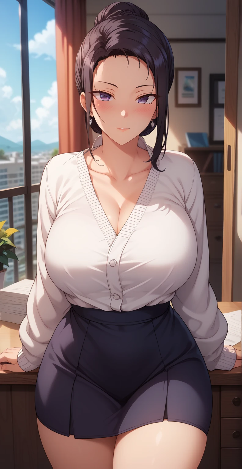 (((masterpiece))),(((high resolution)))、(((23 years old)))、(((Japanese beautiful woman)))、(cute)、(((sleeveless turtleneck)))、((pencil Skirt))、(tights)、clothed、panties、big breasts、Plump、plump thighs, NSFW