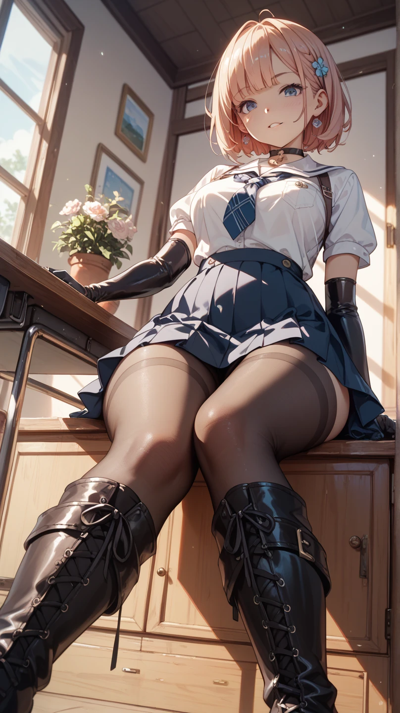 (((masterpiece, Highest quality, High resolution, 超High resolution, Perfect Pixel, Depth of written boundary, 4K, RTTX 10.0))), Beautiful Anime Woman, Beautiful art style, Anime characters, ((Smooth texture, Realistic texture, Anime CG Style)), Exact finger count、Exact number of legs、(Exact number of arms:1.0, Exact number of hands:1.0), (Perfect hands, Perfect Anatomy), Cinematic, Realistic, Extremely detailed CG, Daytime lighting, Perfect lighting, Best Shadow, The best natural light, whole body, Perfect body, Slender body, ((bangs, Dark reddish brown hair, fashionable and cute hairstyle), Long Hair), (Detailed face, Cute Face), (A grown woman standing with her own hand lifting up her skirt:1.7), (black and white maid outfit, Maid clothes with ruffles and lace, pumps:1.3)、Angle from the front, ((Sexy and cute black and white panties:1.3), (Glossy satin panties, Side-tie panties, Lace panties:1.3), (Black and white checked panties, lace garter belt, Garter Strings, Knee socks:1.3)), (Beautiful big boobs:0.9), (Beautiful and thin thighs:1.3), Feeling embarrassed, (blush:1.2), (Very embarrassed look:1.5), (maid Cafe, Tables and chairs, Many male customers in the background, The male customers are chatting:1.4)