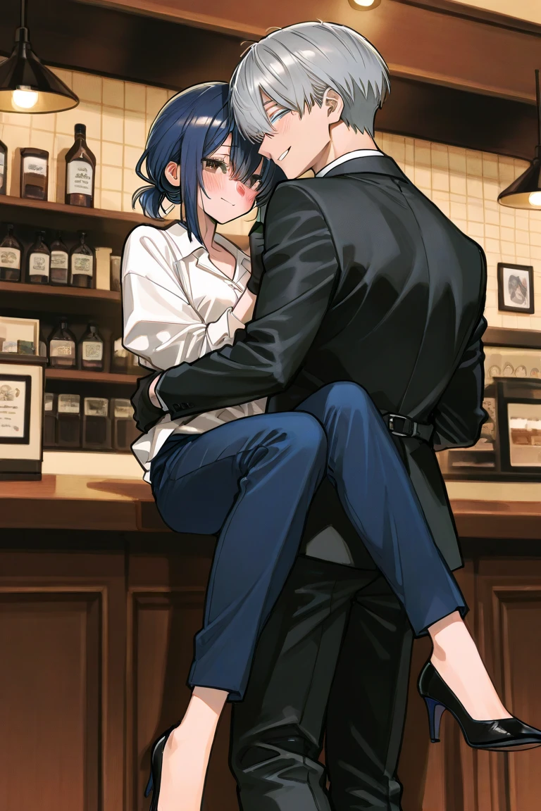 Young girl with blue hair,short straight hair and short bangs (purple eyes),, ((small bushy eyebrows)), wearing gothic ta clothing, loli, large breast, breasts out of blouse, walking to school, bored look, bored face, , suddenly having sex in public, ((doggy style sex)), ((public sex in a restaurant)) naked ass in the male crotch, perfect anatomy, young boy fucking her