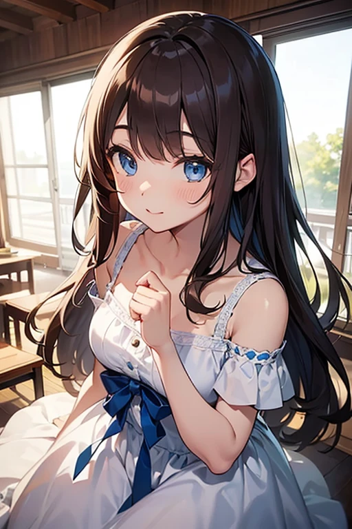 (high-quality, breathtaking),(expressive eyes, perfect face) portrait, 1girl, female, solo, adult woman, mum, age late 20's, brown hair, Heterochromia left eye brown and right eye light blue, medium hair shoulder length, white ribbon in hair, white headband in hair, soft wavy hair, gentle smile, loose hair, side bangs, looking at viewer, portrait, happy expression, modern clothing, off the shoulder shirt blue shirt, black jeans, small necklace shapped elegent, mature, height 5"6, hairstyle similar to haruhi suzumiya