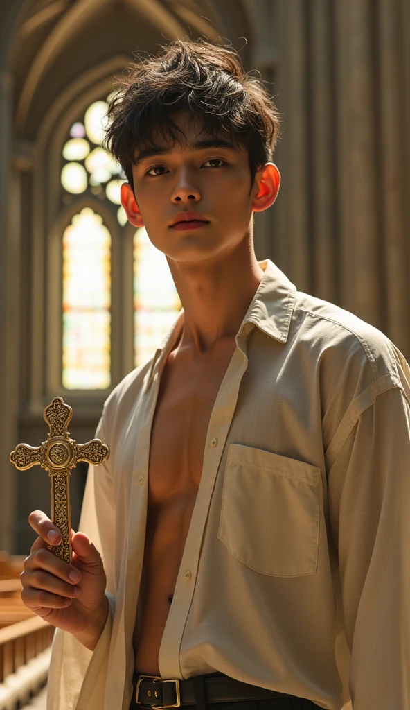 Masterpiece, young man, handsome, youthful, muscular, light brown hair, holy, nude, vine covering genitals, sexy pose, seductive, Christian Church, crucifix, portrait, sexy, big dick