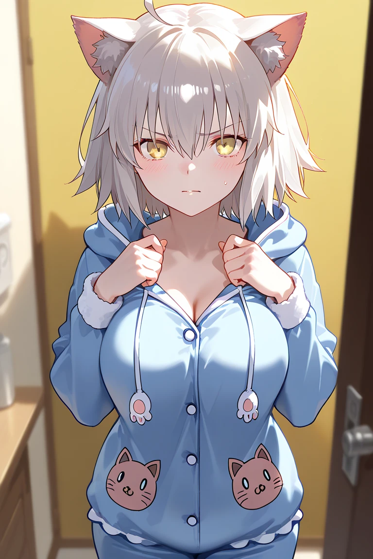 adult, cute anime girl, white hair, short hair, yellow eyes, big tits, messy hair, wearing black sweater, hair tied in two, blushing, in bedroom