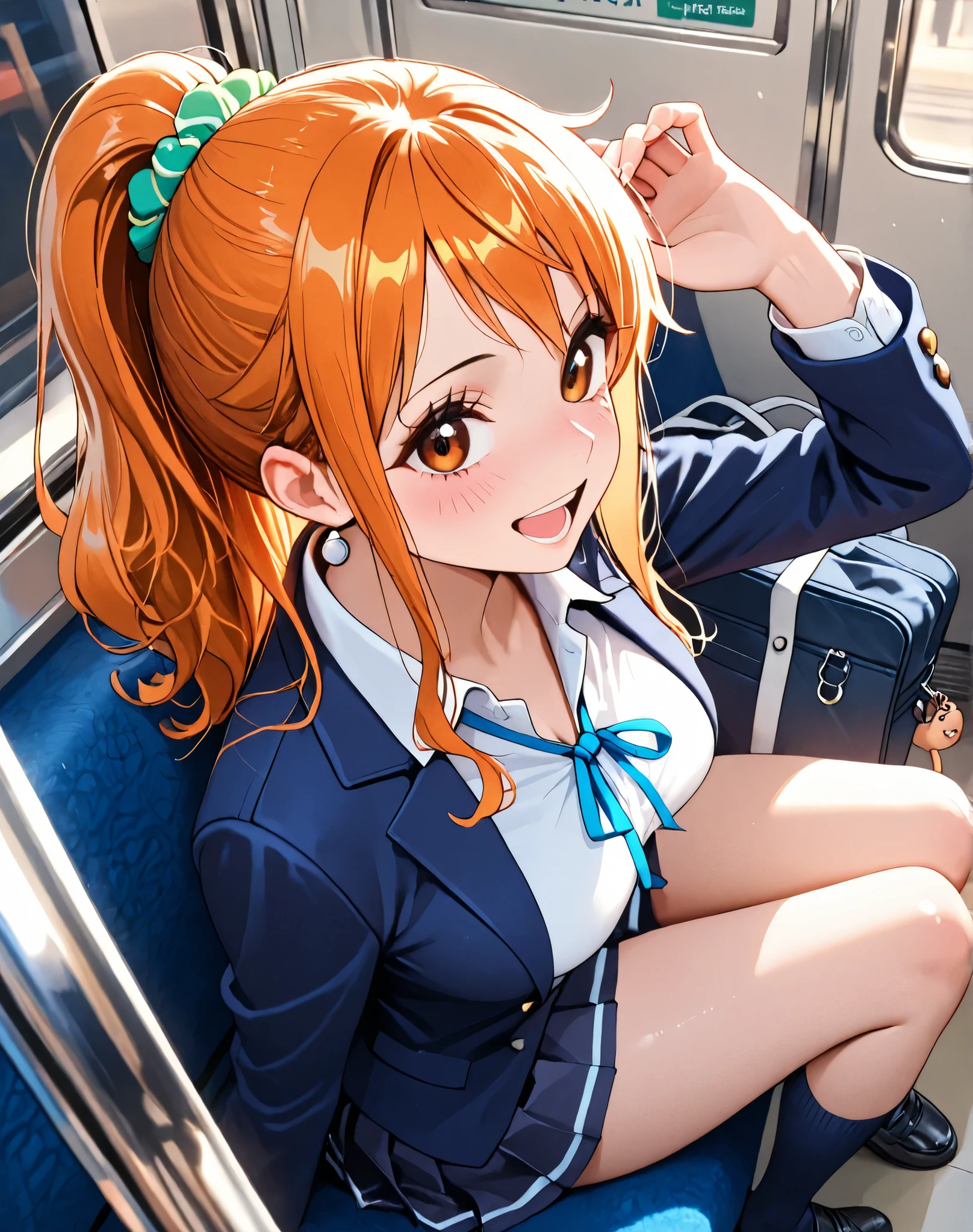 Nami in One Piece
orange hair
Orange hair half up ponytail hairstyle?
I'm tying my hair with a green scrunchie
Nami is happy to open her mouth wide
Eye color is brown and amber
I'm blushing so much
Nami is a horny woman
Nami is a sadist
Breasts are slightly larger
Legs are thin
Restrained
navy blue student blazer
white student shirt
There is a slight light blue ribbon on the collar, Looks clearly distinguishable from a shirt and blazer.
navy blue pleated skirt
dark blue student socks、up to calf
student bag
Inside the train
free pose
free angle