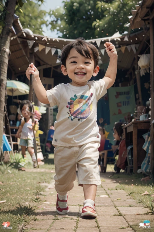 1boy, full body, solo, child, brown hair, blue shirt, yellow shorts, blue hawaii sandal, speed walking, hold a line and look for the floating Birthday Balloon, worm view, low angle shot, perfect quality, high contrast, clear focus, (in the picture ratio 1:2), (Masterpiece: 1.2) (Realistic: 1.2) (Bokeh) (Best quality) (Detailed skin: 1.3) (Intricate details) (8K) (Detail eyes) (Sharp focus), (Happy), ((masterpiece, best quality)), (complex light)