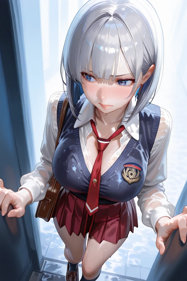 Alice Nagiri、angry looking face、Colossal tits、Sheer uniform　Floral Bra　Blue gingham check mini skirt、Women's Room、is standing、White loose socks、Navel Ejection、A slender、gray hair、Golden earrings、wrist watch、Pointing at the camera