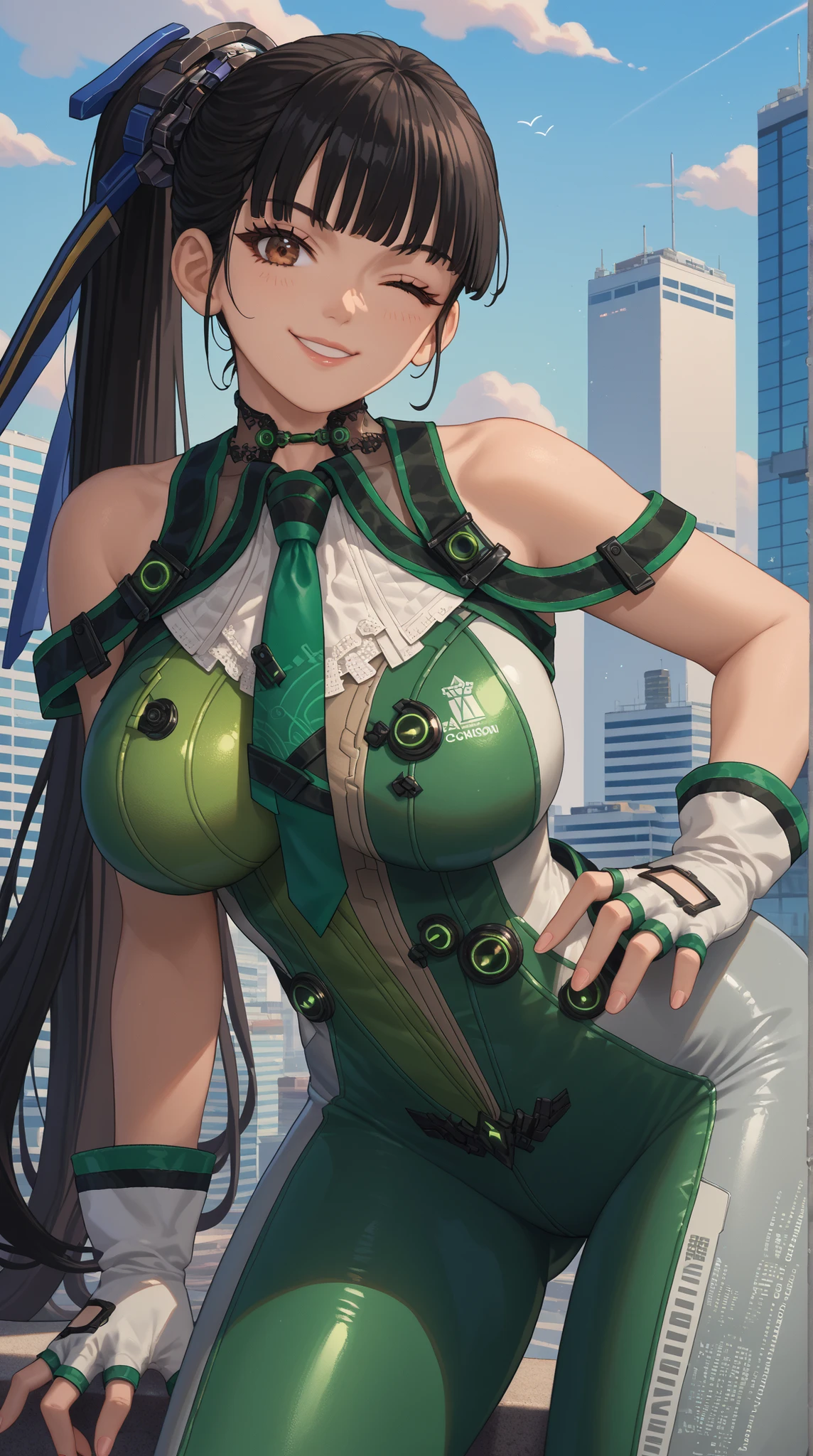 score_9, score_8_up, score_7_up, score_6_up, source_anime, 1girl, solo, defEve, black hair, long ponytail, necktie, green and white bodysuit, sleeveless, fingerless gloves, grey pants, big breasts, leaning forward, thighs, wink, looking at you, smile, grey sky, city, ((, sosteniendo una pizarra con las palabras "PixelChibi " y se lo muestro a los espectadores))