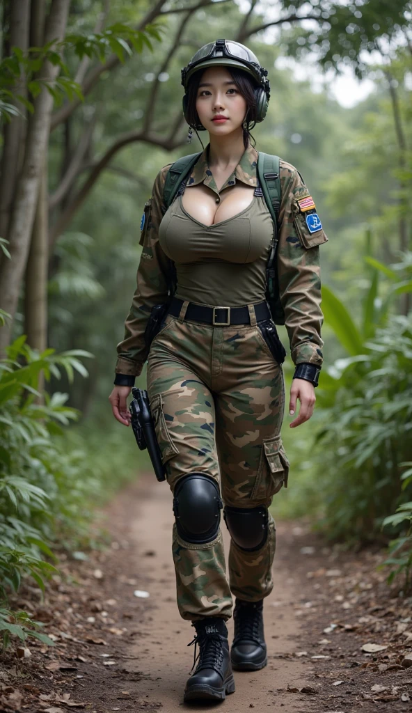 Sexy Woman Big Breasts Body Athletic Camouflage Pants Military Backpack Green Woman Pre Cap Boot Sunglasses with a Rifle NSFW Forest Snake in the Forest Military Helmet