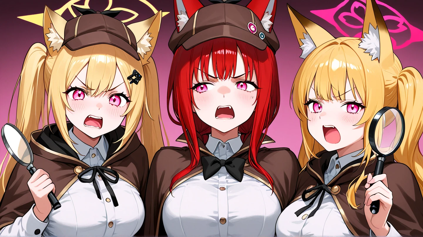 three anime girls with long hair and white blouses posing for a photo, orelhas de raposa, estilo anime ecchi, garotas de anime, sfw version, Digital anime illustration, kantai collection style, Personagens de Azur Lane, Do videogame Azur Lane, holo is a wolf girl, arte oficial, Estilo de pista Azur, Arte Oficial, arte de anime digital, fox ears illustration