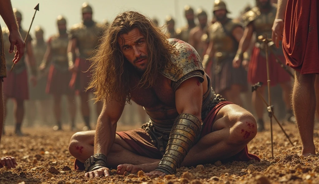 Ancient masculine man with long hair and full body hyper realistic
