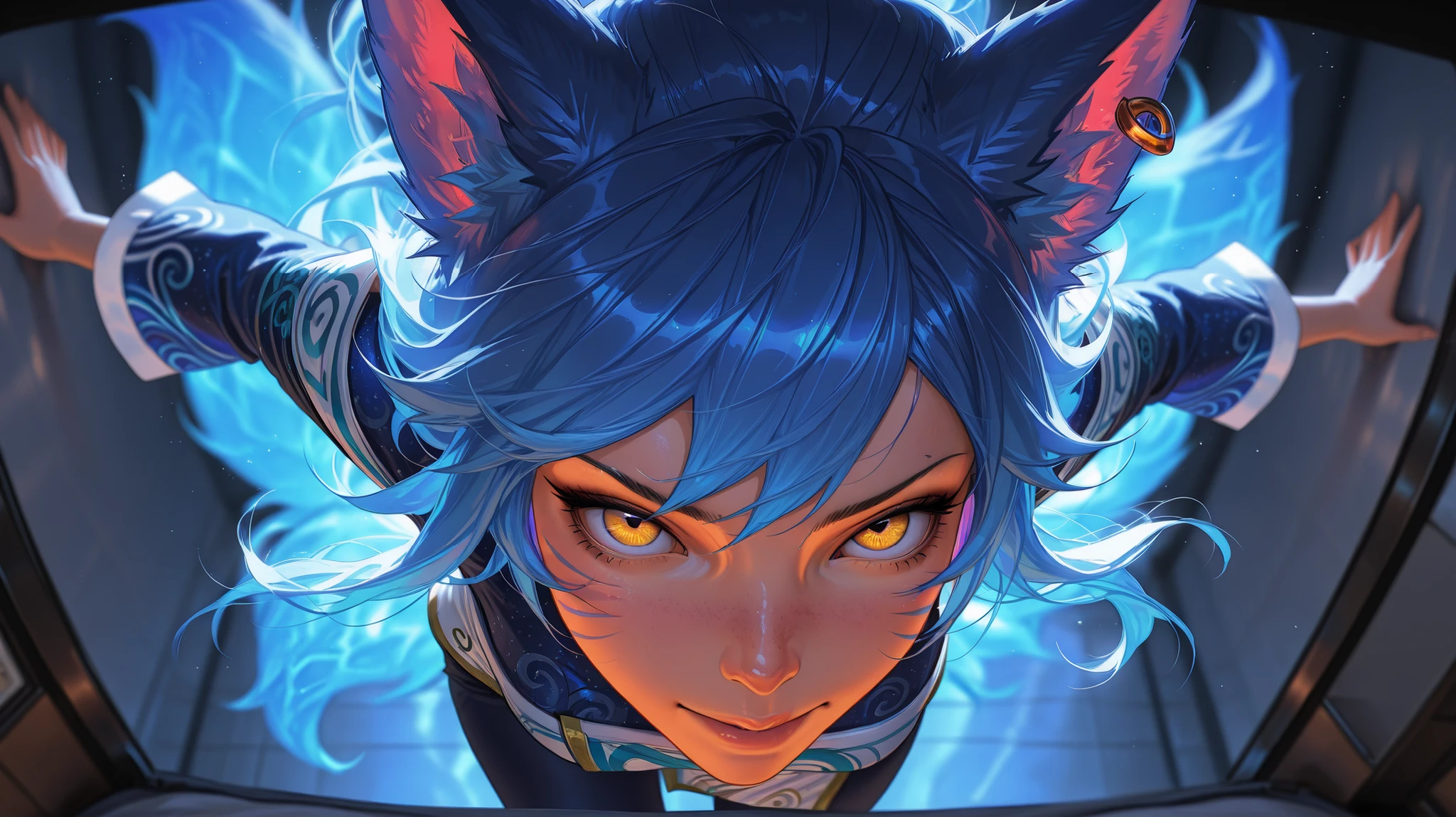 Cinematography, cinematic anime, Ahri from League of legends In blue Moon clothes uniform, blue hair, High-angle View, Physically-based Rendering, professional, ultra-fine painting, hyper-realistic, dynamic pose, detailed face and eyes, Realistic, unreal engine, digital art painting, hyper-realistic, masterpiece, Sharp focus, HDR, UHD, 4k, 8k, depth of field, piercing gaze, deep rich coloring,