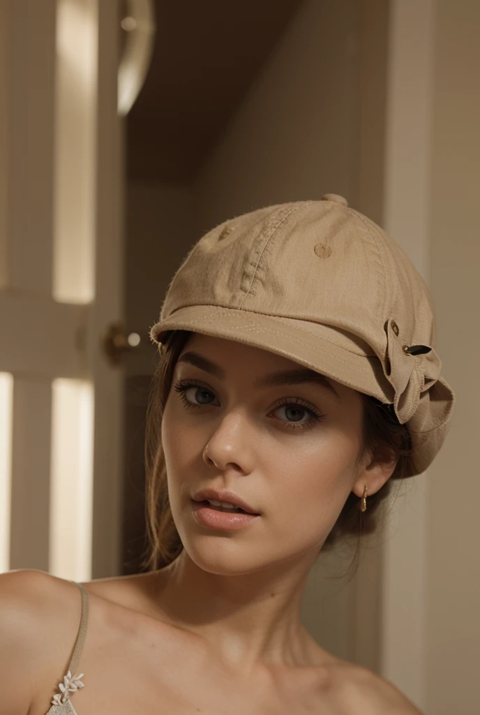 The image shows a woman seen in profile, wearing a brown cap and a colorful silk scarf tied around his head. The scarf is tied in a way that it extends under the cap and hangs loosely at the back, with vibrant patterns and colors, incluindo azul, yellow and other tones. The woman has short hair, wavy and blonde. She is wearing a beige sleeveless vest, leaving arms exposed. The background of the image is neutral, highlighting the woman's figure and the accessories she is wearing.