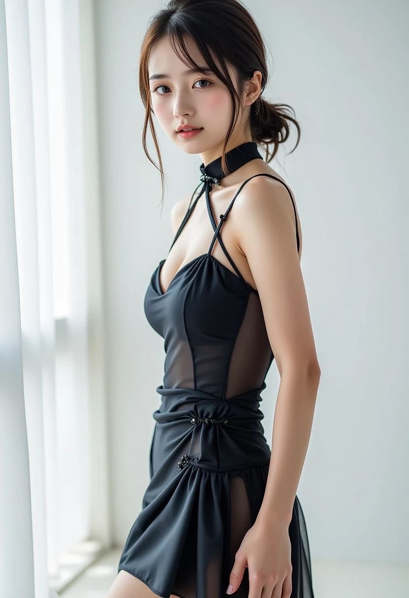 arafed woman in a gray dress standing in front of a window, opened dress, sexy dress, back - view, waist - shot, sexy gown, transparent gray dress, sexy :8, tube-top dress, open v chest clothes, 奈良美智, revealing clothes, wenfei ye, revealing stylish dress, back - shot