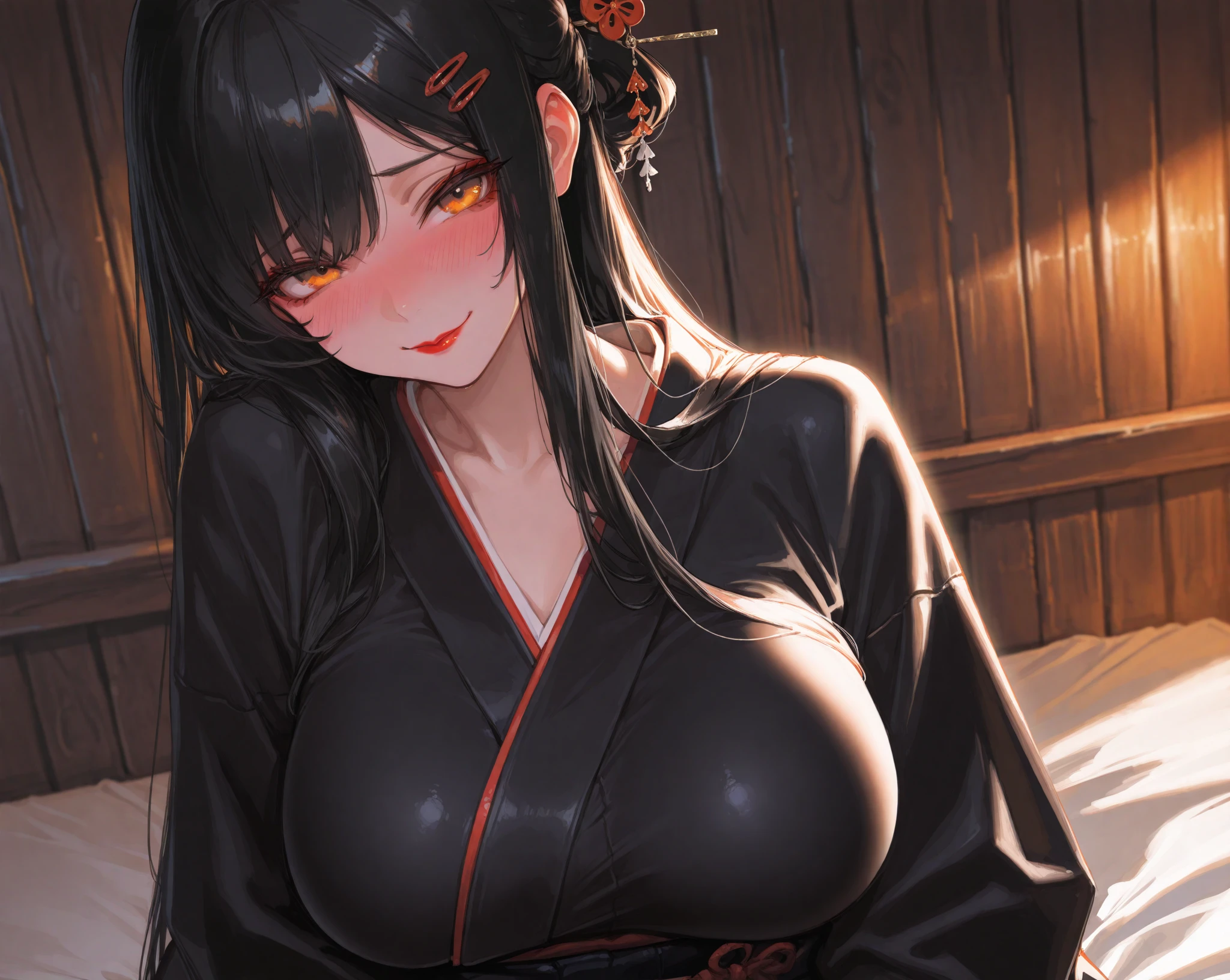 beautiful girl、Big Breasts、Black Hair、Long Straight、Great style、Nice body、Muscular、Abdominal muscles、Beautiful buttocks、Toned Legs、Completely naked、nude、pubic hair、Are standing、、The whole body is visible、Hairpin、kimono、kimonoがはだける、Japanese-style room、One girl、smile
