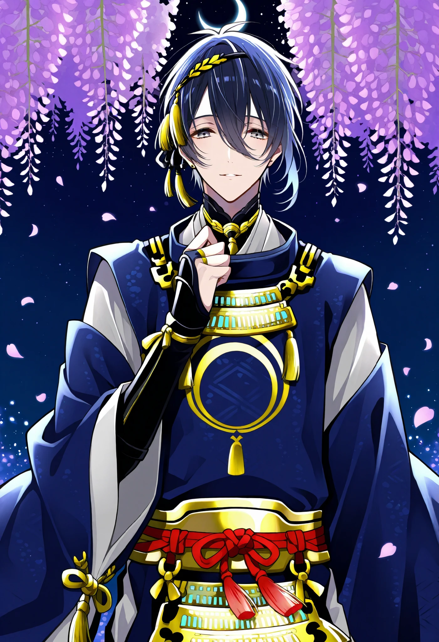 Touken Ranbu、Mikazuki Munechika 、One man、gray eyes、Night Sky、Seven stars、A quiet night、the crescent moon is floating in the sky、wisteria petals dance