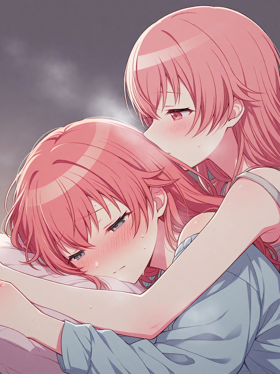 a boy and a girl in an intimate embrace on a bed, the boy crying while girl is hugging and comforting him,rain visible through a window, detailed anime style characters, 1boy, 1girl, anime, anime boy, anime fox girl, orange hair, lying down, hugging, crying, bedroom, intimate, sad, rainy window,, 8k, masterpiece, dramatic lighting