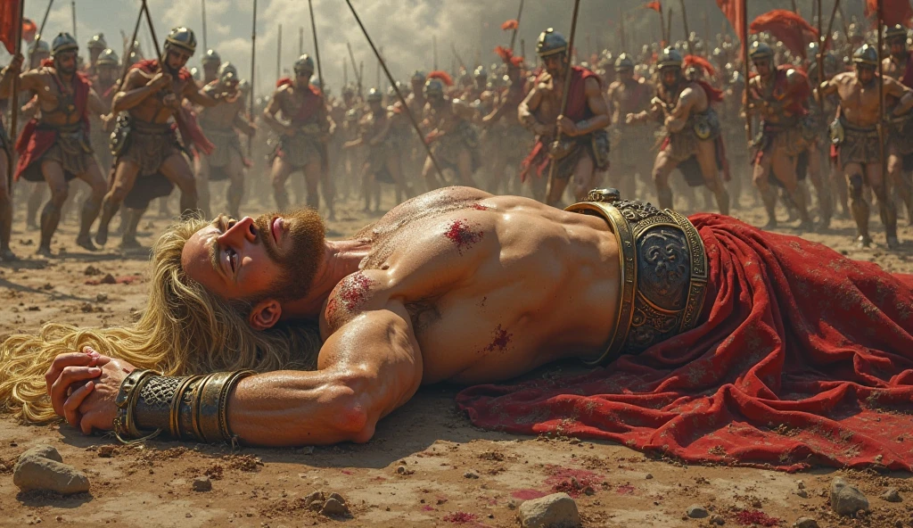 Blond soldier in ancient Egypt lying on a pile of bodies