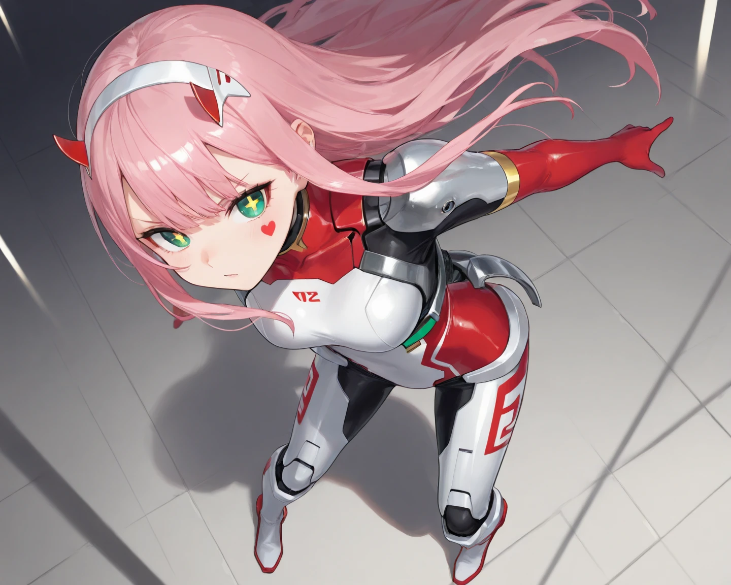 zero two \(darling in franxx\), darling in franxx, 1girl, bangs, bite, shadow, long hair, small breasts, big thighs, makeup, closed eyes, smiling, pair of small red horns, pink hair, pilot suit, red bodysuit with white details, red eyeshadow, tight skin, solo
