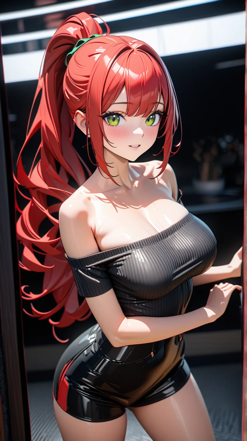 best quality, masterpiece, extremely detailed CG, official art , professional lighting, sakimiyairuka, (one side up), green scrunchie, hair ornament, red hair, green eyes, perfect face, shiny skin, sweat, (Campaign Girl:1.5),
