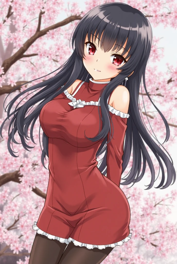 Anime Japanese College student Beauty Big breasts Blush Positive facial expression Maroon clothes and olive green belt 
