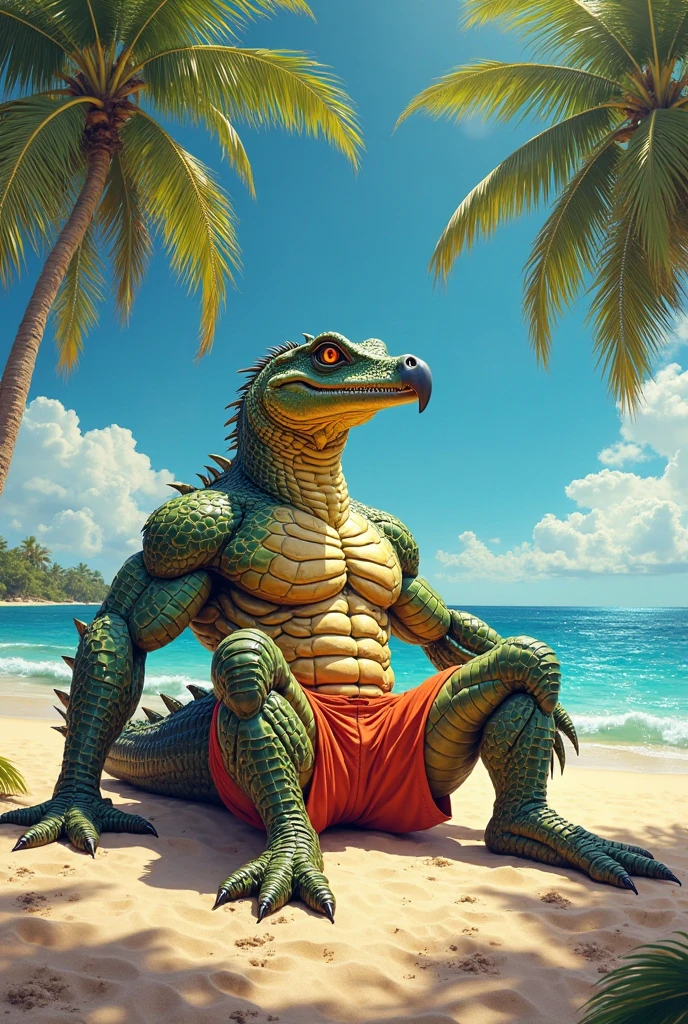The king of snakes, big muscles, big mouth, with detailed heads and human-like features, sitting confidently on a large boulder in the huge sea. He wears red shorts, a gold belt with a gold Gucci logo and stylish black sneakers. A gold necklace was worn around his neck, and he had several rings on his wrist. The backdrop features luxurious oceans and islands under a clear blue sky that provides a refreshing and serene feeling.