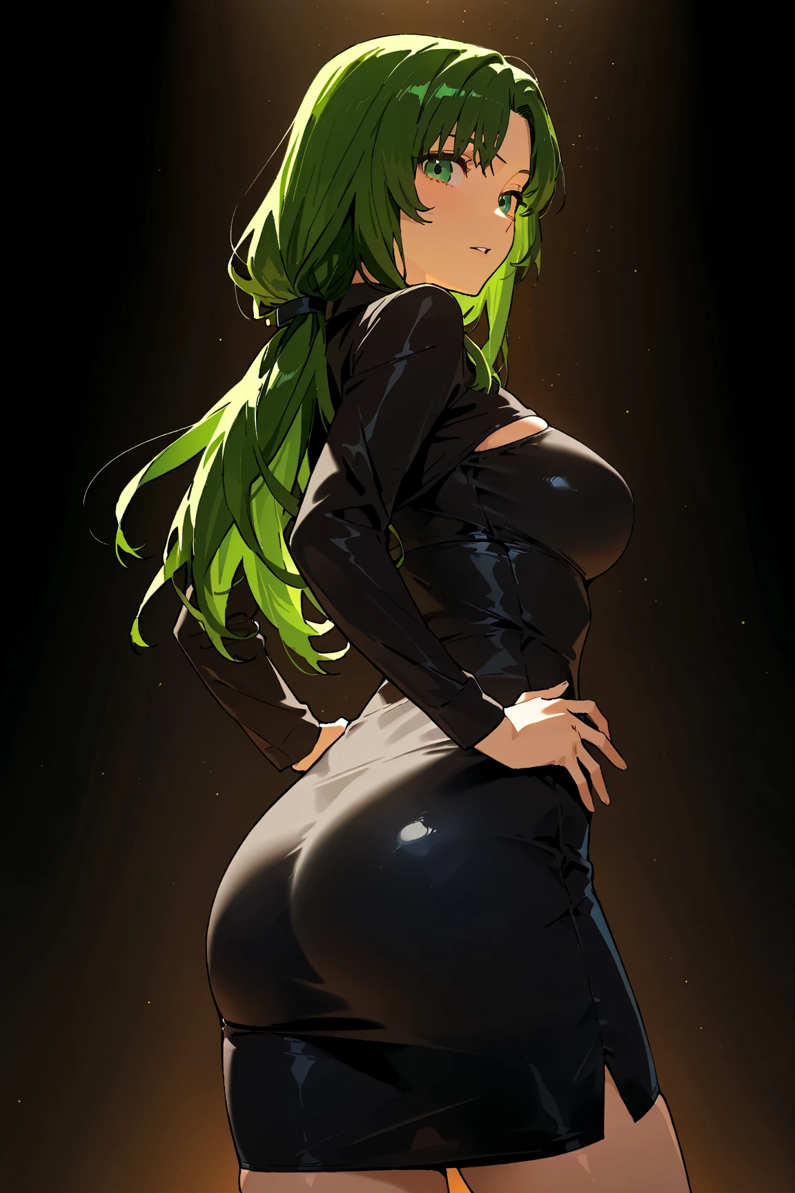 a cartoon drawing of a woman with green hair and black pants, eldritch goddess, colorful muscular eldritch, monstergirl, eldritch color scheme, holy cyborg necromancer girl, green colored skin!!, long haired humanoid fursona, dark fae, anime monster girl, evil aura, eldritch being, nude, huge thighs, gigantic butt, huge hips, big breasts, very small waist, 