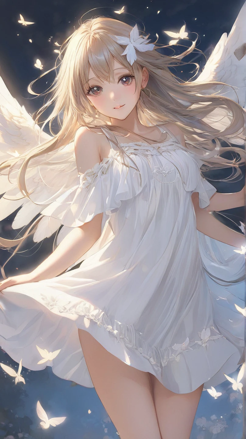 masterpiece, best quality, 1girl, Feathers, angels, halos, pure white, tenderness, smile, sanctuary,
