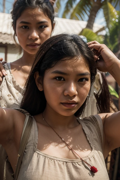 ((best quality)), ((masterpiece)), ((detailed body)), ((detailed hands)), ((highest resolution)), a twenty one year old very beautiful naked Balinese girl, very sweaty, thick hairy armpits, thick hairy pussy, totally naked, full body, sixpack abs, raising her hands high, dancing, she is not wearing any clothes, she is being armpit-sniffed by several men, on a hot night, at a wild party