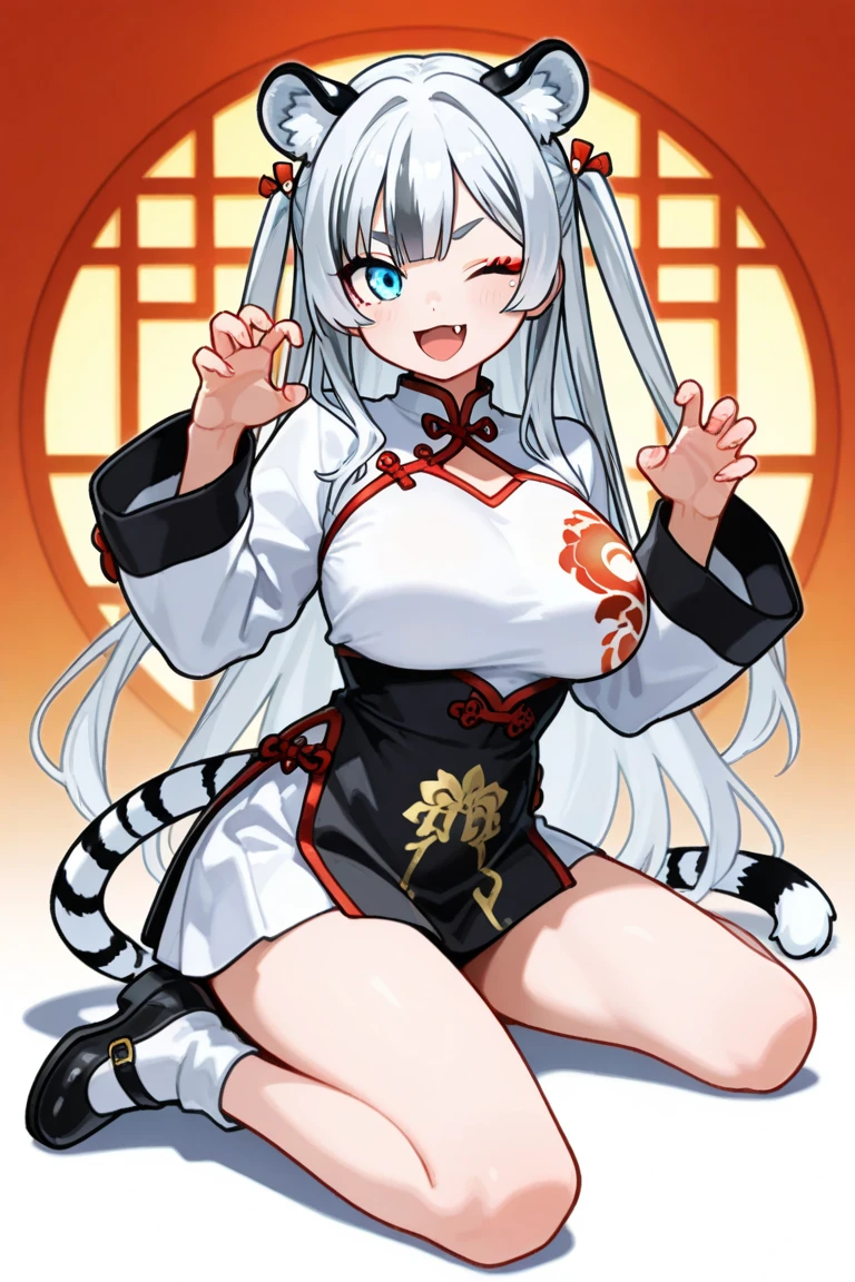 (fox kemono young girl:1.5), (silver long hair yellow eyes:1.1), (flower pattern jacket:1.1), (tattoo miniskirt:1.1), (huge tits:1.2), (solo:1.2)