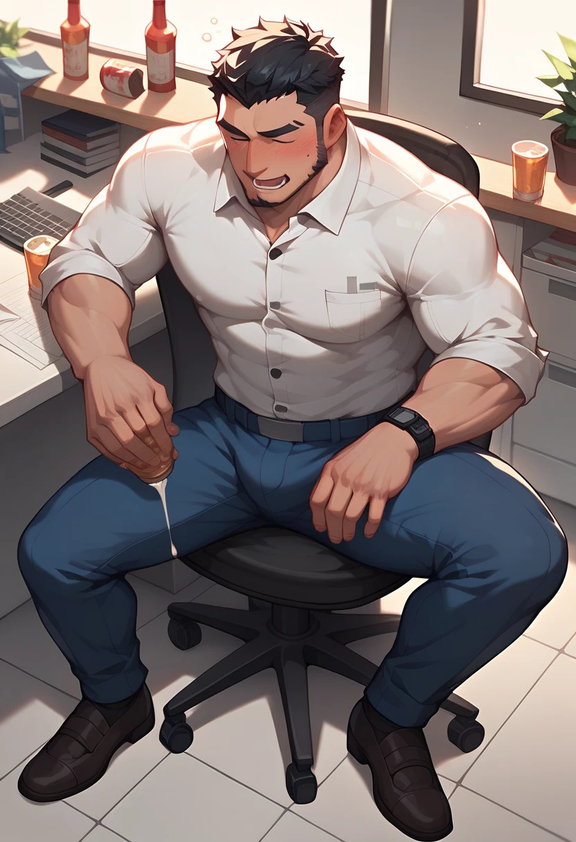 (1 Adult male),A high resolution, Sharp focus, Pixiv masterpiece, ((Complicated details)), highly detailed, natsuki_subaru, 1 man,perfect male figure,Urine on the trouser leg, Nervously bow your head,is shy,embarressed,exhilarated,is shocked,panicking,worry,A pool of urine formed around him,Very eager to pee,Unbearable,Wet yourself,Urine discharge,full bodyesbian,sit astride,Tired,decadent, blue color eyes(eyes glowing), Black hair short hair,Blue plaid shirt,Wear a tie,Wear a belt,trousers,perspire,Drenched,Get wet,pissing,urine flows down the pants,look from down
