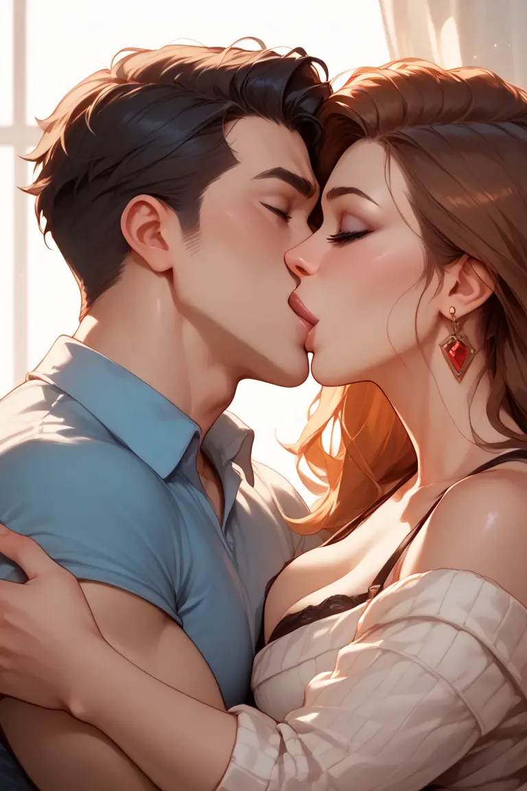 bearded bearded woman, brown hair, amber eyes, kiss grimace