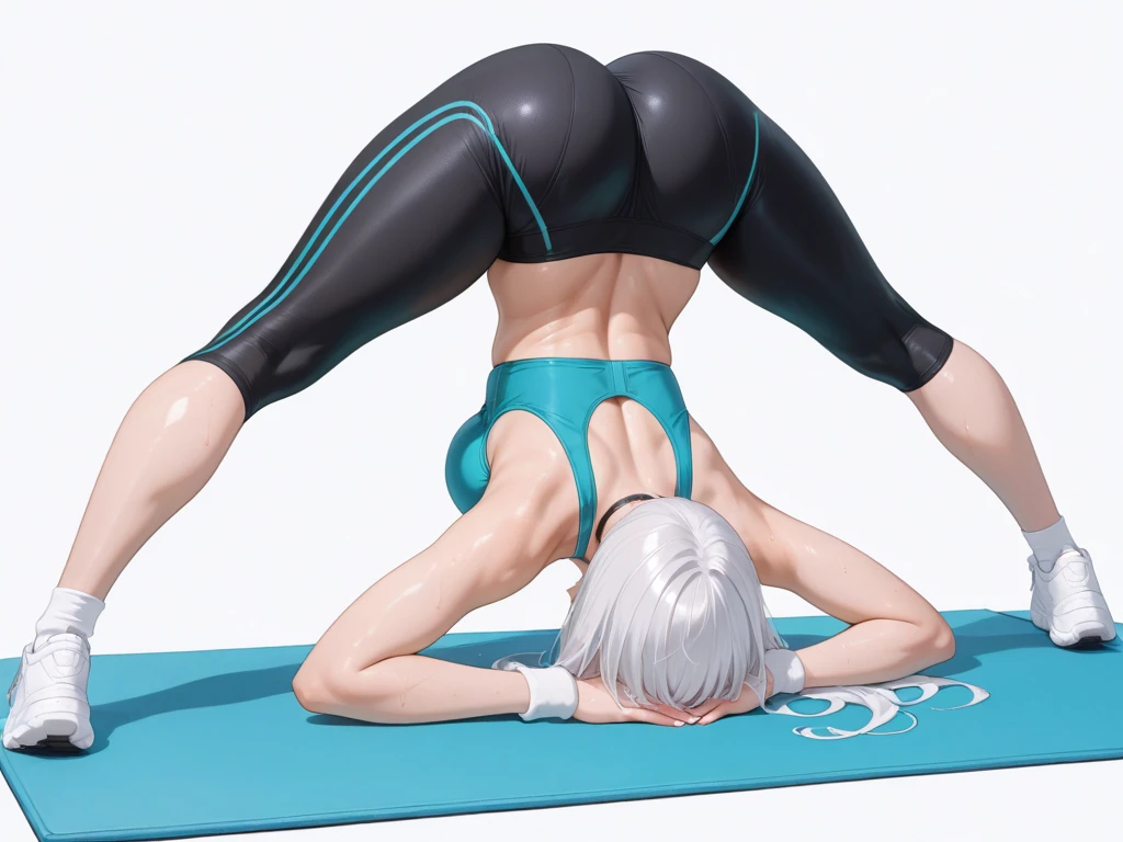 (((best quality)), ((masterpiece)), (details), masterpiece, best quality, high quality, ulutra detailed, perfect face, ((1girl, blue eyes, cat ears: 1.3 silver bob hair: 2.5,)) 、Shiny Hair、Glowing Skin、blush、Lustful look、Small breasts、Sports Bra、Yoga Leggings、Yoga poses、studio、Prone、Push up your ass、Side Angle、Sexy