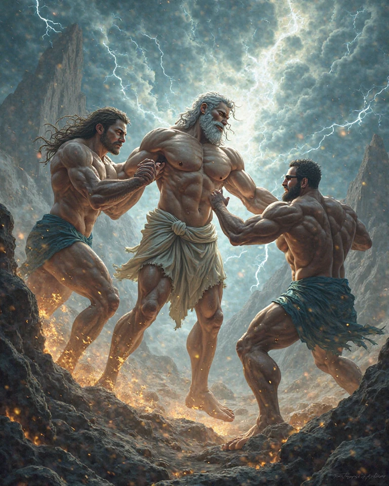 painted of rugged zeus god of thunder,white hair, masculine, mature, handsome, muscular, hairy torso, fantasy, intricate, elegant, highly detailed, digital painting, artstation, concept art, smooth, sharp focus, illustration, art by gaston bussiere and alphonse mucha, almost naked