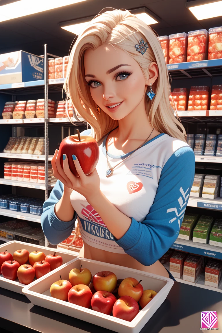 (detailed face, detailed body, detailed muscles, perfect skin, blemish-free skin, hyper-detailed hands, precise, precise fingers, focused, photography, ultra wide angle) (((photorealistic))), ((full shot)), front view , (1 blonde girl with pigtails), ((standing in a dynamic pose in a supermarket aisle)), framed face, eye contact, ((sensual expression)), ((wearing a short tight dress that shows cleavage and legs)), (big ), cleavage, slim waist, lip fillers, silicone lips: red lipstick, messy updo blonde hair, (dark eyeliner)