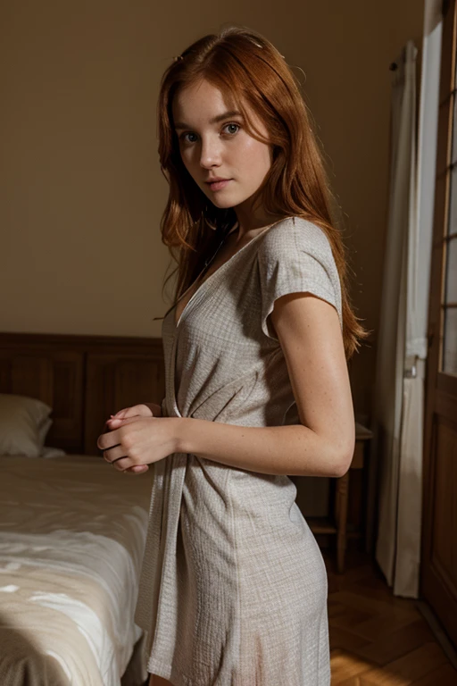 Jeune rousse en robe qui fait un shooting photo