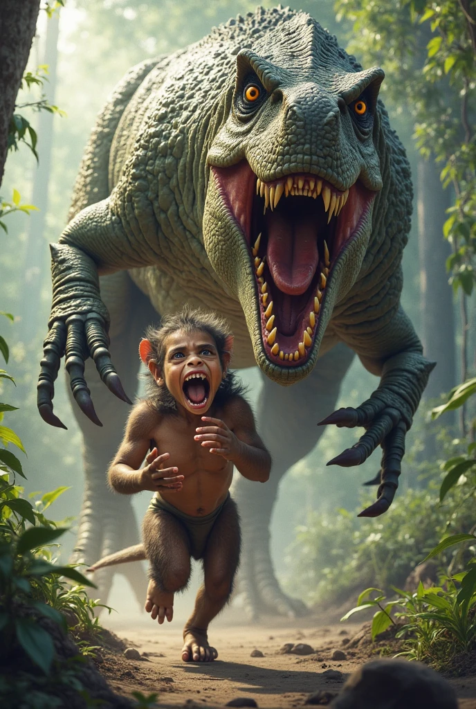 (masterpiece),(best quality:1.2),official art,(extremely detailed CG unity 8k wallpaper),(photorealistic:1.4),ultra high res, 1 girl,(,ebony glossy skin:1.5),in deep panic,(running),wavy black hair,(Red feathers combining with her hair),barefoot,tank top,long hair,midriff,navel,blue shorts, after the little girl,a gigiant (dinosaur) chasing behind,:1.4),Dark brown pleated epidermis, outdoors,low key,(gloom theme),
