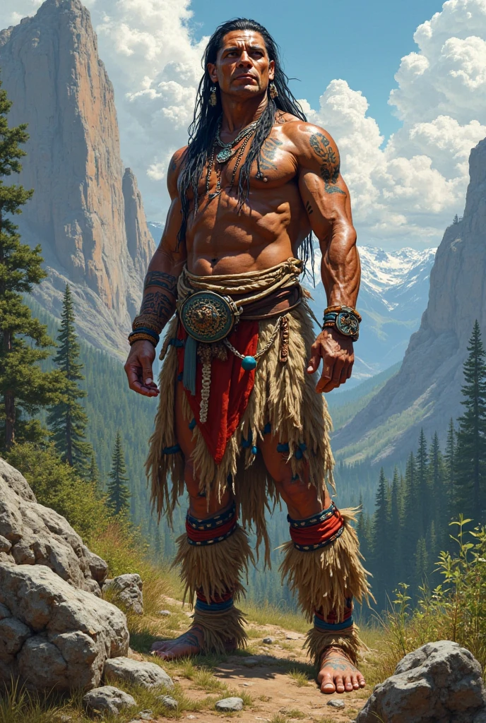 A character from Dungeons and Dragons who is a human ranger, is around 32 years old, Athletic, dark hair and very white skin, between 1,78 and 1,88 metro de altura, Has more tribal tattoos on his face, dresses in a large polar bear skin, carries a bow and arrows on his back, has a dagger strapped to his waist. He has a bear totem necklace around his neck., rings on his fingers and has a distant look